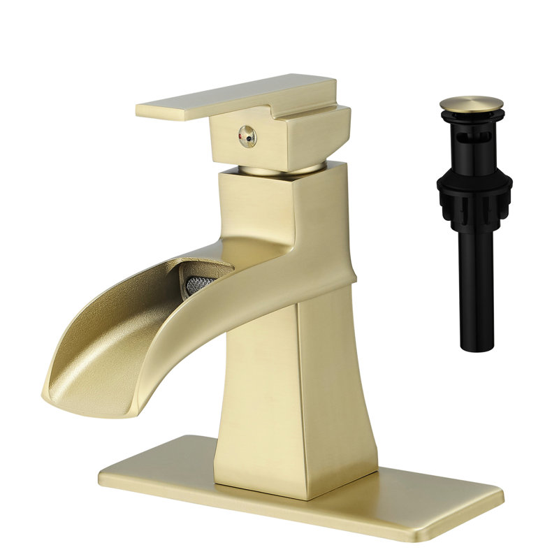 Brushed Gold Bathroom Sink Faucet, Waterfall Deck Plate, Pop Up Drain, Supply Lines, One Handle, Superior Quality Material