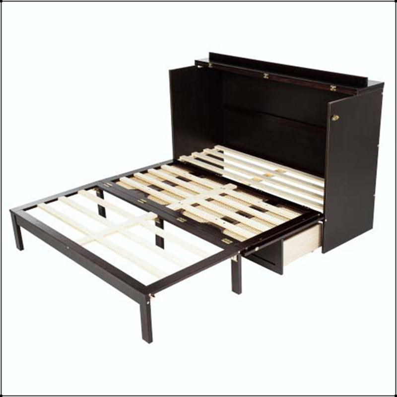 Grand lit escamotable - Armoire lit en bois de pin avec centrale électrique et panneau en rotin, Espresso