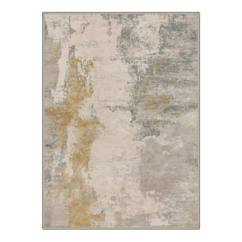 Tapis lavable à la machine à motif abstrait moderne délavé gris ivoire et doré, tapis antidérapant doux pour le salon et la chambre à coucher