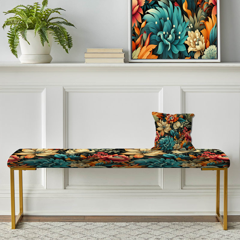 Fleurs, bohème, damas, rêves - banc rembourré tropical doré