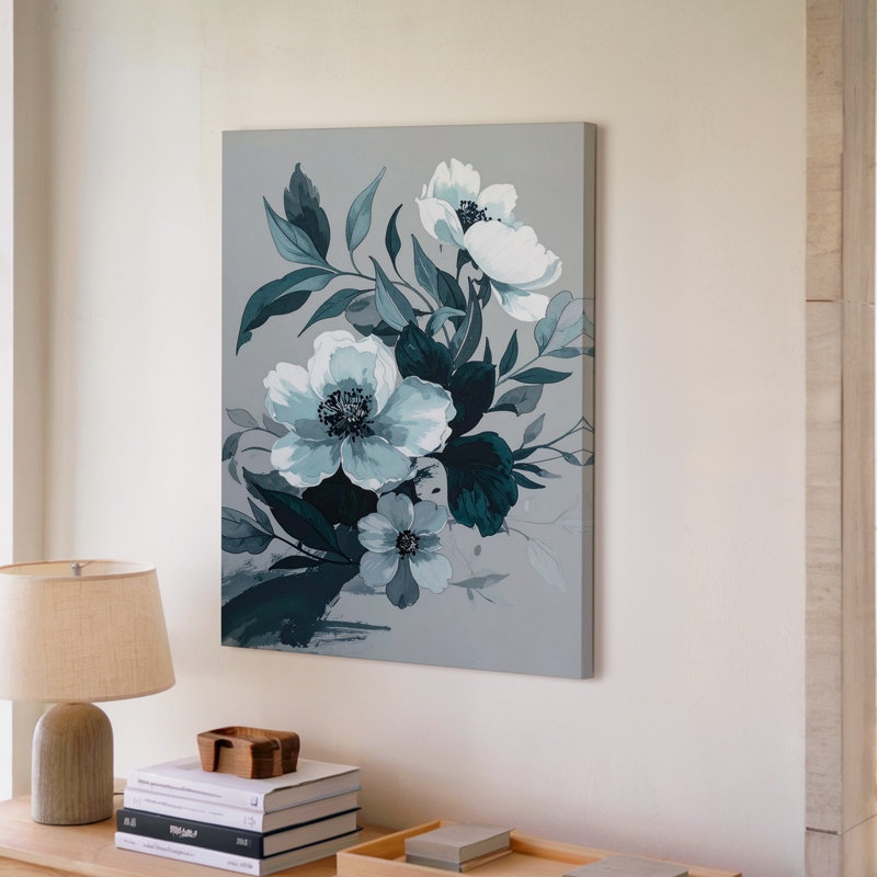 Art mural sur toile, aquarelle florale moderne, fleurs blanches douces et feuilles bleu sarcelle, H 11 po x l 14 po