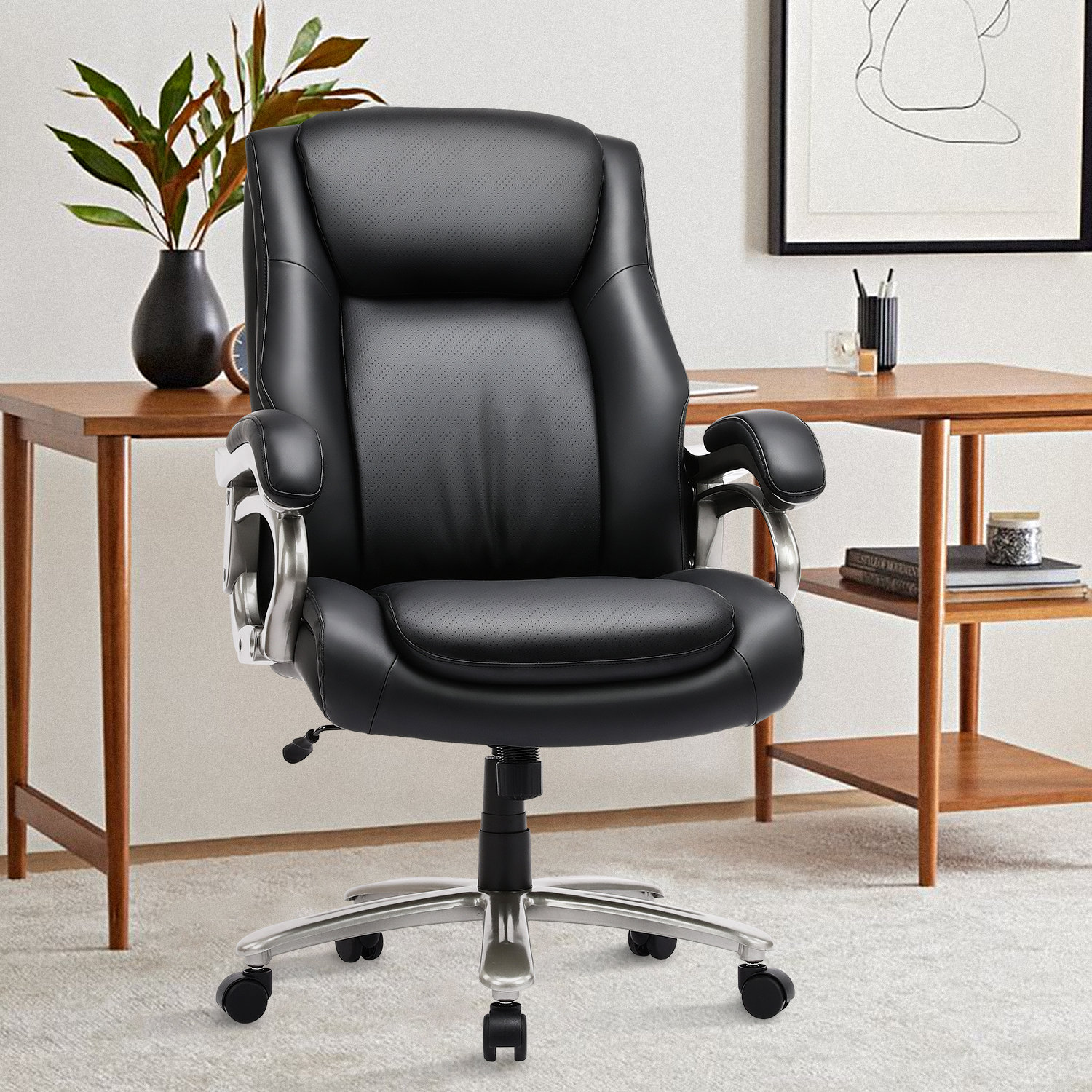 High Adjustable Breathable PU Leather Office Chair with Silent Casters and Rocking Backrest Inbox Zero Upholstery Color: Black