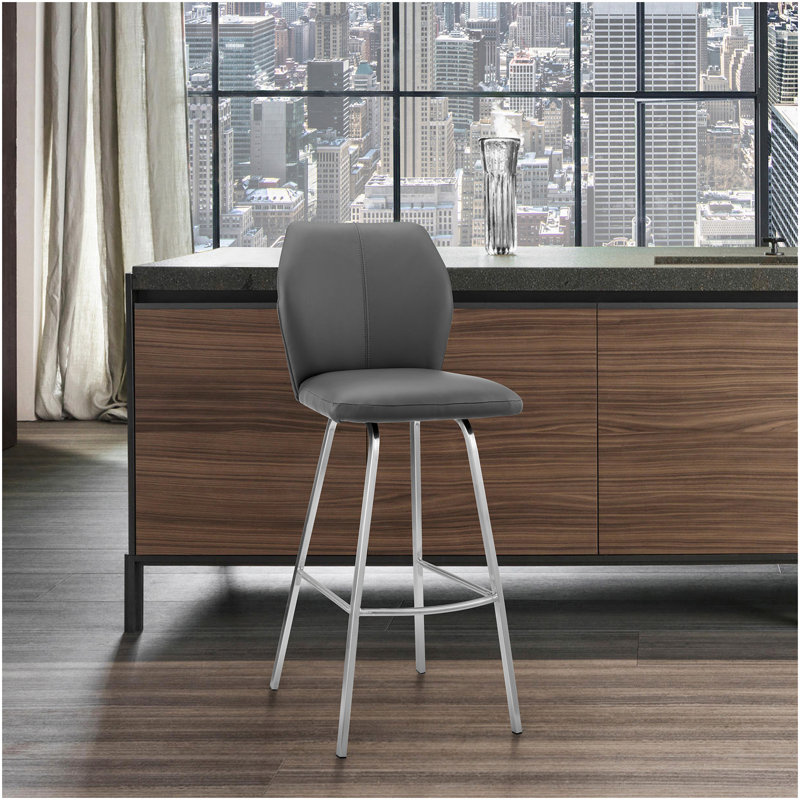 Mirano Gray Faux Leather And Brushed Stainless Steel 26" Counter Stool, Gray