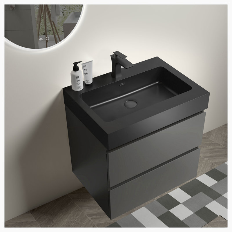 24'' Single Bathroom Vanity with Solid Surface Top, Black, Gray