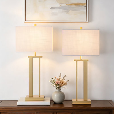 29"H 3‑Way Touch Control Gold Modern Table Lamp Set with White Fabric Shade(Set of 2)
