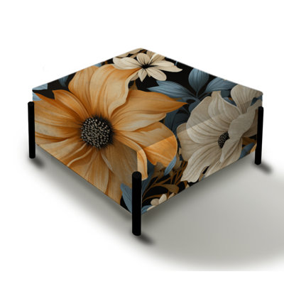 Yellow And Blue Farmhouse Flowers Pattern - Floral Large Square Ottoman