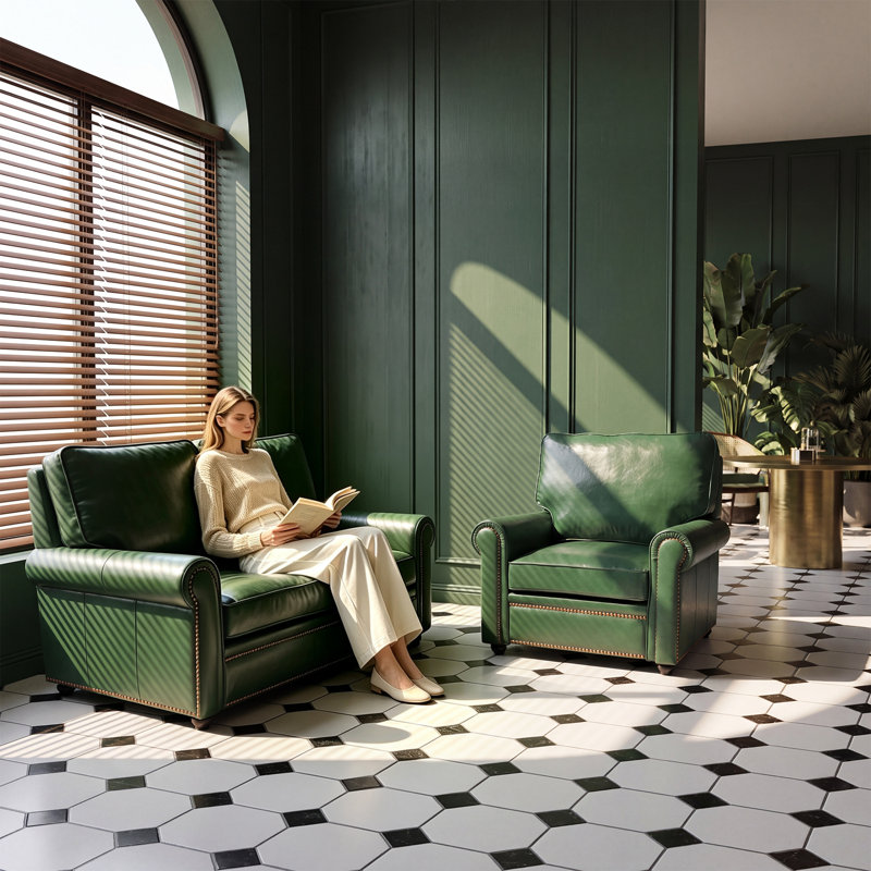 Canapé classique en cuir Chesterfield, 2 Pcs: Chair, Loveseat, Green