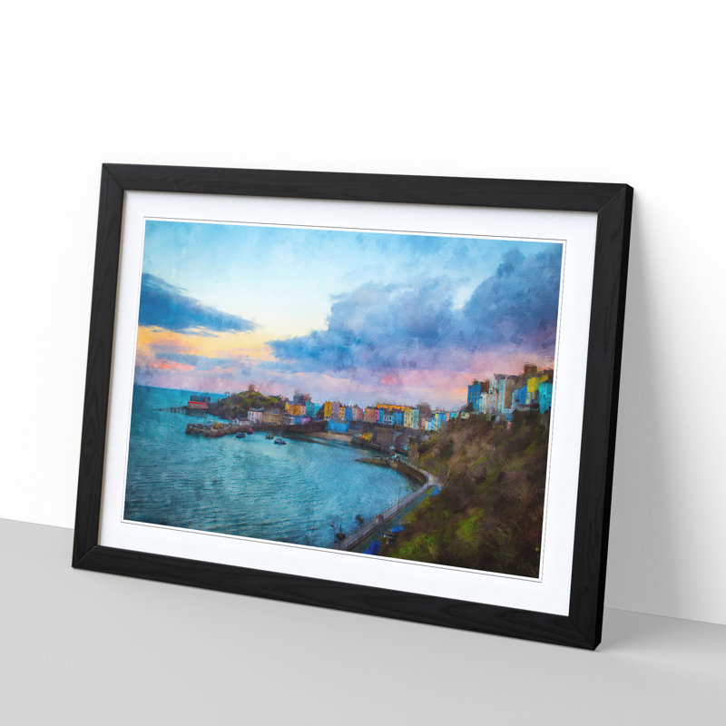Tenby Harbour in Pembrokeshire Wales - Picture Frame Painting Print, 62cm H x 87cm W x 2cm D, Black