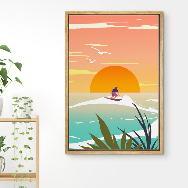«Coastal Beach Surfing Towards The Sun», reproduction sur toile flottante, H 36 po x l 24 po x P 1,5 po, Cadre brun