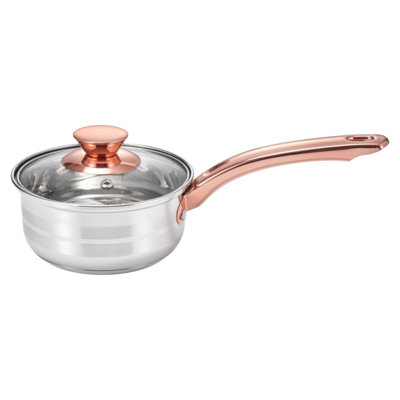Stainless Steel 1.1 Qt Sauce Pan Matte with Polished Stripes & Rose Gold Handle