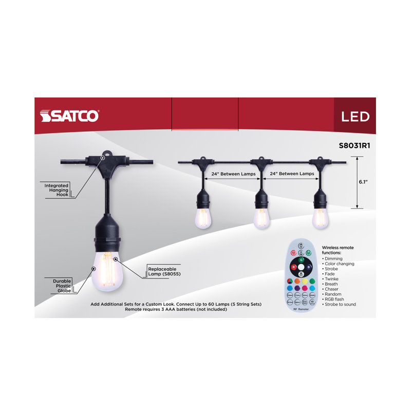 24 Foot LED String Light 12-S14 Lamps Medium Base RGBTW Infrared Remote Black 120V