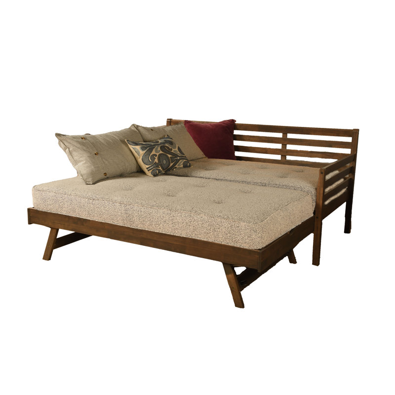 Alhamdi Boho Daybed and Pop-Up Bed with Mattresses, Rustic Walnut, Linen Charcoal