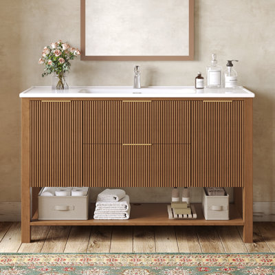 48 Inch Bathroom Vanity with Integrated Ceramic Sink, Soft Close Doors & Drawers, KD Flat‑Pack Storage Cabinet