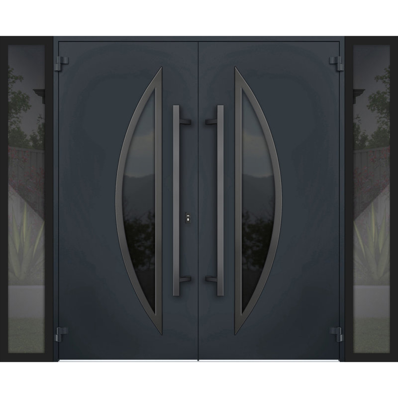 Façade extérieure pré-suspendue en métal portes doubles Deux 6501 émaillé anthracite verre teinté anthracite 2 fenêtres latérales extérieures entrée moderne peint à gauche à l'intérieur actif