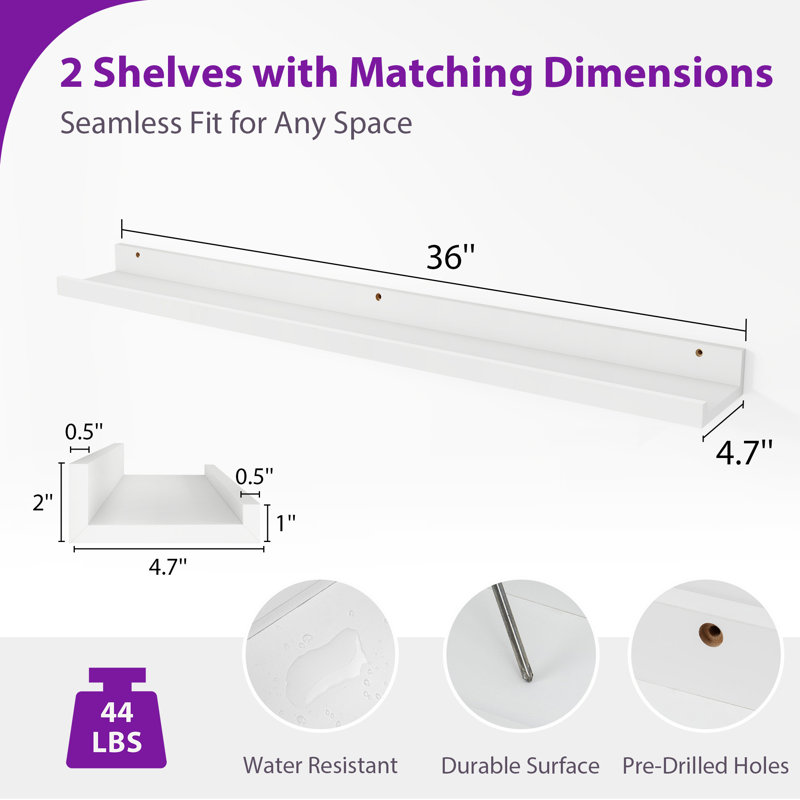 Tablette murale 2 pièces Darlicia, Blanc, H 2 po x l 36 po x P 4,7 po