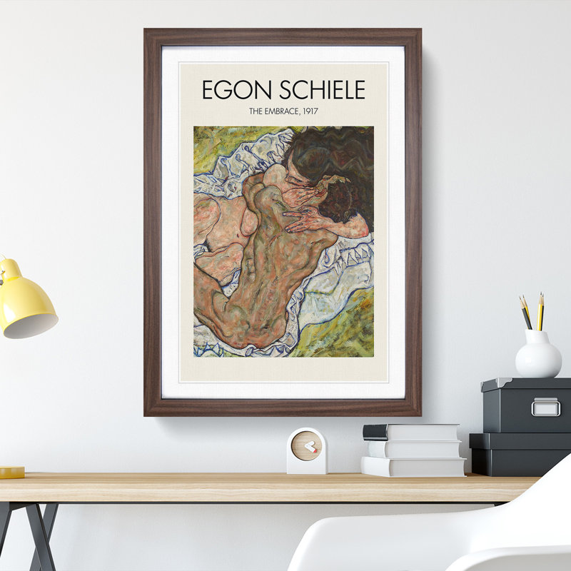 The Embrace by Egon Schiele - Picture Frame Painting, Walnut Framed, 36cm H x 27cm W x 2cm D