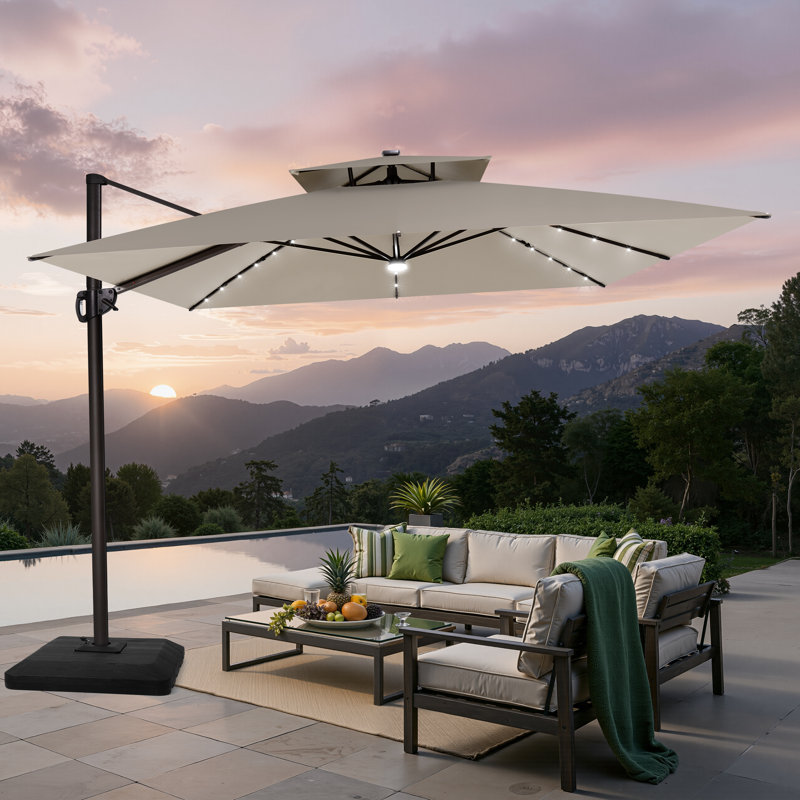 Parasol en porte-à-faux à DEL 11 pi x 11 pi pour terrasse, base contrepoids incluse