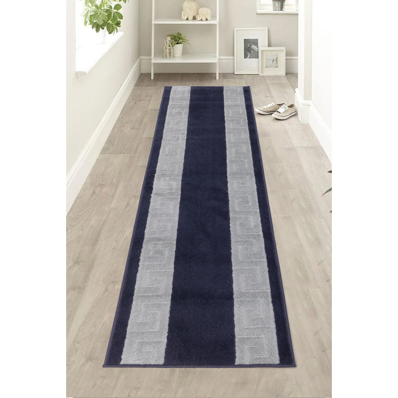 Tapis à poils mi-longs mi-longs bleu marine et gris, Tapis de couloir 2 pi 2 po x 16 pi
