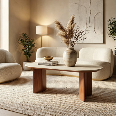 Table basse ovale moderne en pierre texturée Travertine de 47 po Meranda