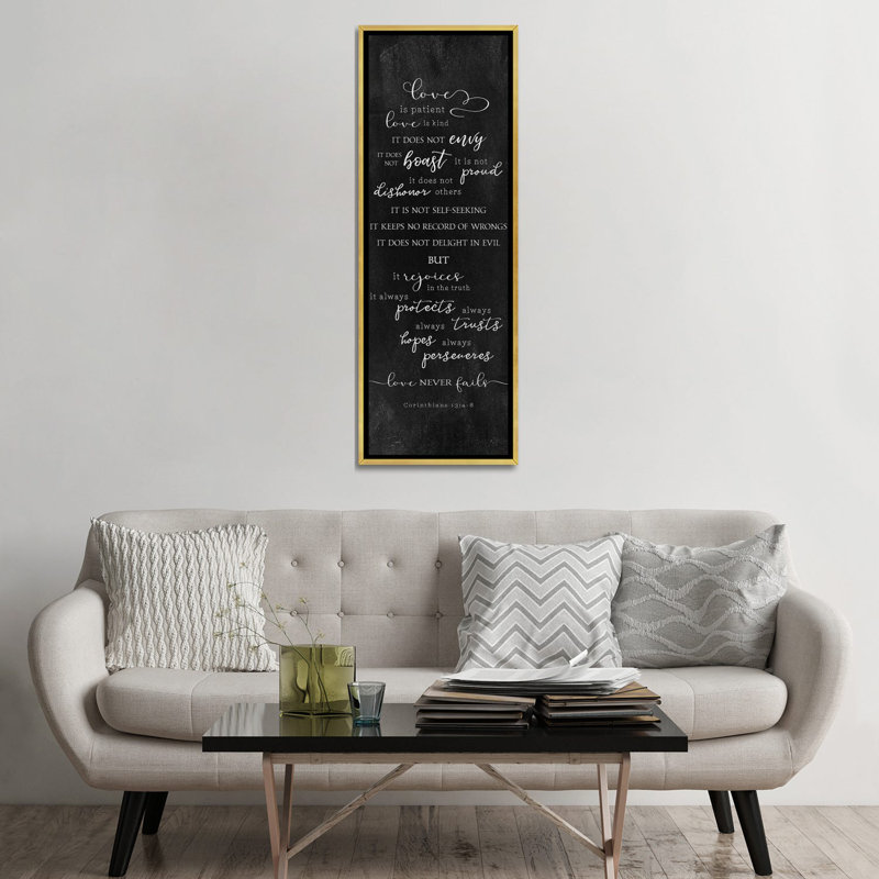 «Love Is» par Natalie Carpentieri - reproduction d'art textuel, Toile encadrée d'or, H 60 po x l 20 po x P 1,5 po