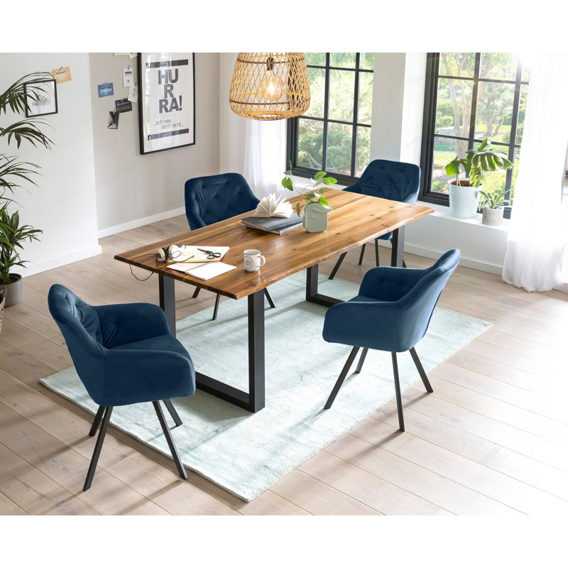 4 - Person Dining Set, Cognac/Blue/Black, 75cm H x 160cm W x 85cm D, Blue/Black/Cognac