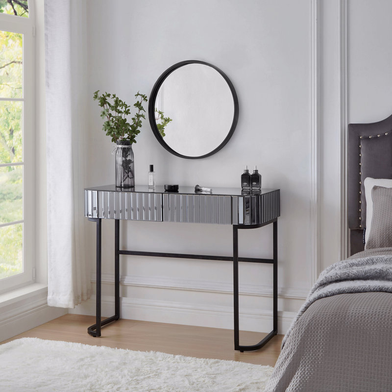 Meuble-lavabo à miroir 39 po avec base en acier inoxydable, coiffeuse à miroir avec 2 tiroirs, bureau polyvalent
