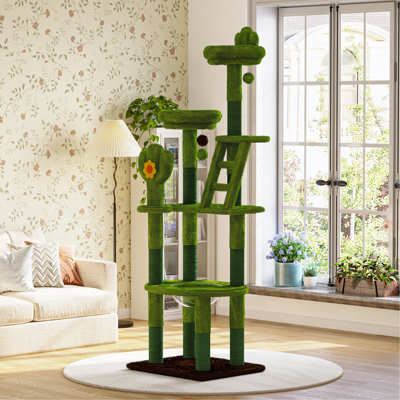 Arbre à chat cactus avec capsule transparente, poteaux en sisal, perchoirs moelleux et jouets interactifs pour chats d'intérieur