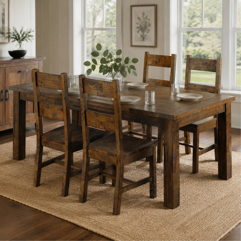 Ensemble de table à manger rustique Mina, fini brun doré, pour salle à manger familiale, 5