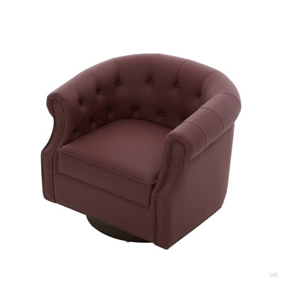 360°Swivel Accent Chair PU Leather Upholstered Armchair Curved Back Club Chair Swivel Barrel Chair with Tufted Design  and Bent Wood Base for Living Room and Bedroom, Red