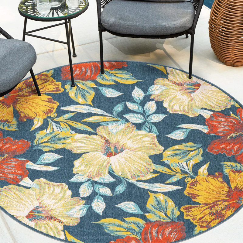 Tapis intérieur / extérieur bleu / beige / orange en polypropylène tissé à la machine 4 pi 1 po Eribella, Rond 5 pi 3 po