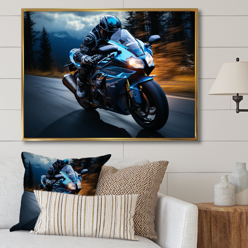 " Blue Yellow Motorcycle Symphony ", 16" H x 32" W, Black Picture Framed