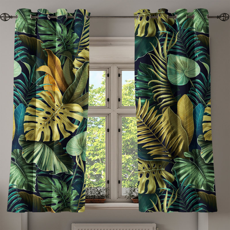 Bay Isle Home™ Tropical Grommet Curtain Art Exotic Monstera Leaves 50" x 108" Dark Teal Olive Green, 50" W x 63" L