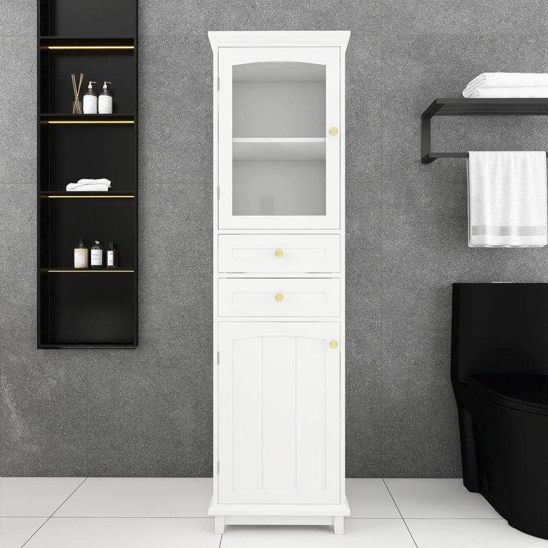17.7 In. Wood Freestanding Bathroom Storage Cabinet In Black With 2 Drawers, 2 Adjustable Shelves, White