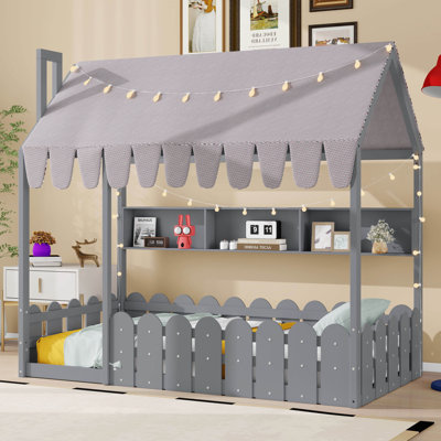 Lit pour enfants de style Montessori pour enfants avec rampes de clôture, tente, éclairage et 3 tablettes de rangement intégrées