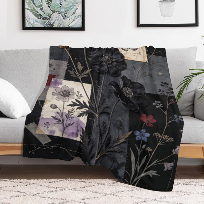 Plaid en flanelle de luxe à motif de fleurs noires, doux et chaud, idéal pour le salon, le canapé, le lit et la décoration intérieure.