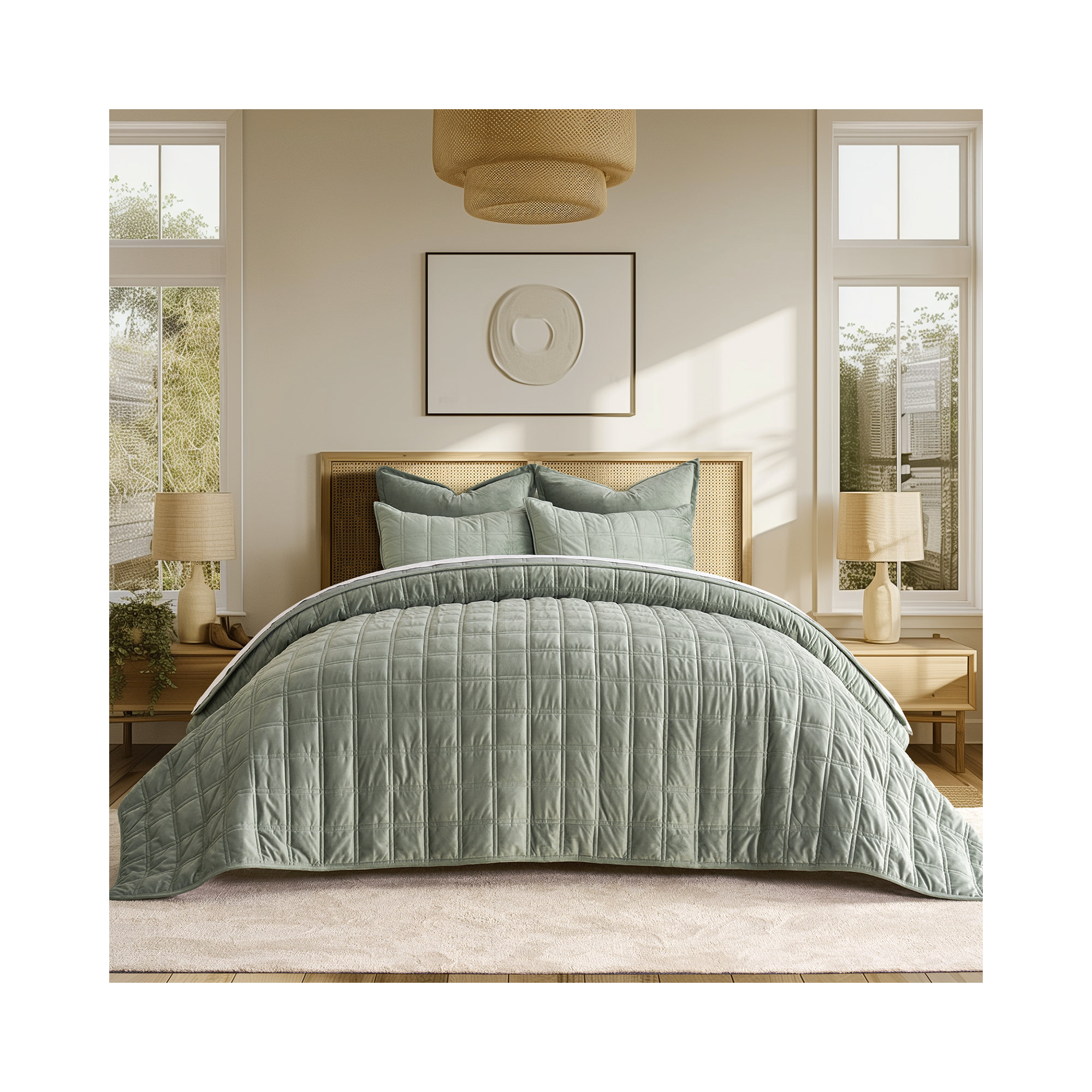Double Box Stitch Velvet Quilt set, Sage Green, King Quilt + 2 King Shams