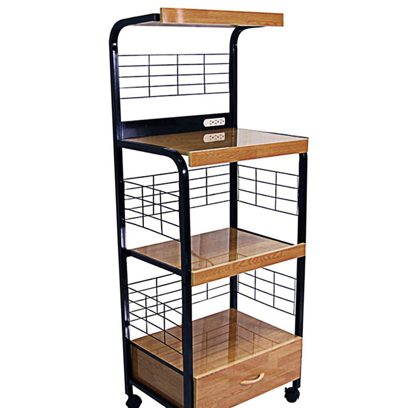 Chariot de cuisine 59,5 "à 3 niveaux avec tiroir et prise de courant (sans tabouret), Noir