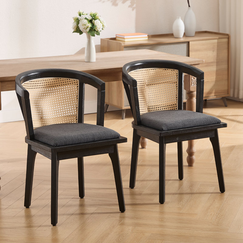 Chaise rustique avec dossier en osier et siège large pour salle à manger et salon, Lin gris charbon, Noir, noir, noir, noir