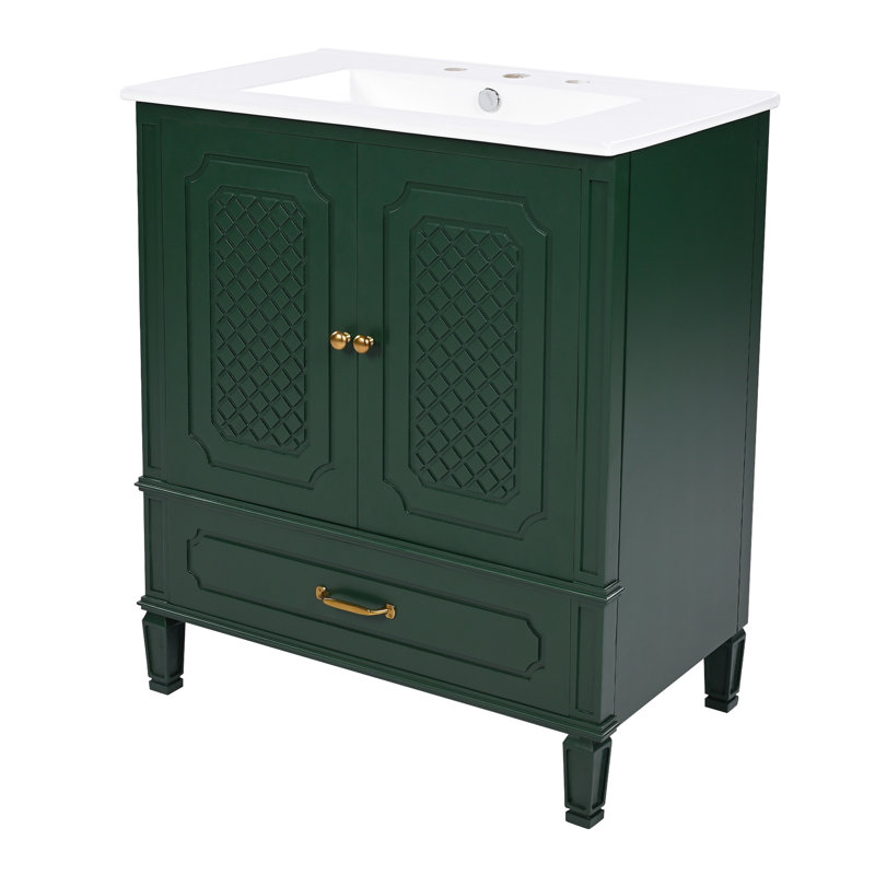 Meuble-lavabo de style rétro avec lavabo et rangement spacieux, Vert foncé, Doré