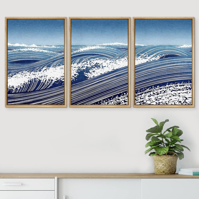 «Coastal Beach Vibrant Blue Ocean Wave Seascape», impression sur toile 3 pièces, H 24 po x l 48 po x P 1,5 po, Naturel