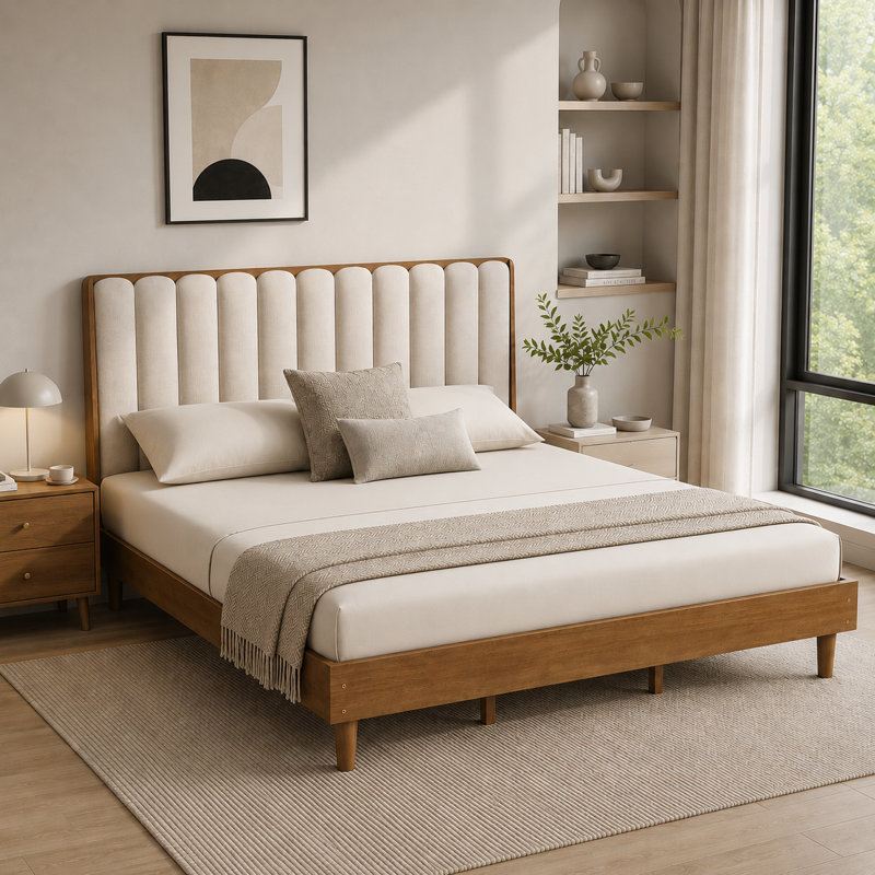 Solid Wood Bed Frame with Upholstered Headboard, Wheat