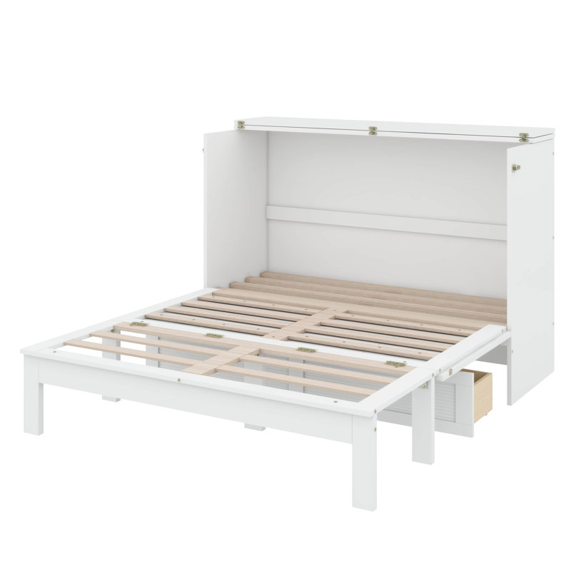 Lit escamotable pratique avec tiroirs intégrés et prises de recharge USB, Lit double, Blanc