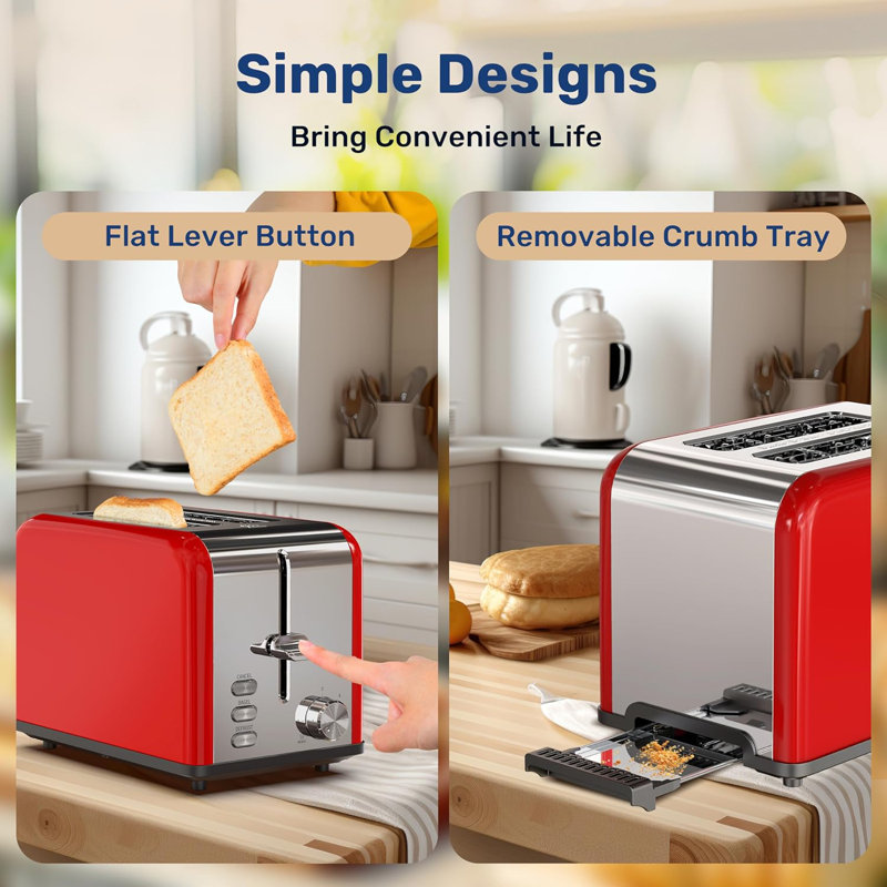 Toaster 2 Slice, Retro Small Toaster With Bagel, Red