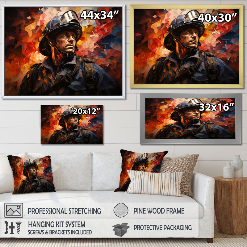 Portrait de pompier I sur toile, Cadre simple noir, H 16 po x l 32 po x P 1 po
