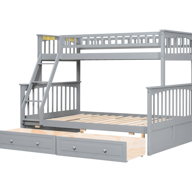 Convertible Twin Over Full Gray Bunk Bed With Drawers, Pine And Build, Reliable Design, Fence - Type Guardrails For Protection, Simple Assembling Endeavor Like