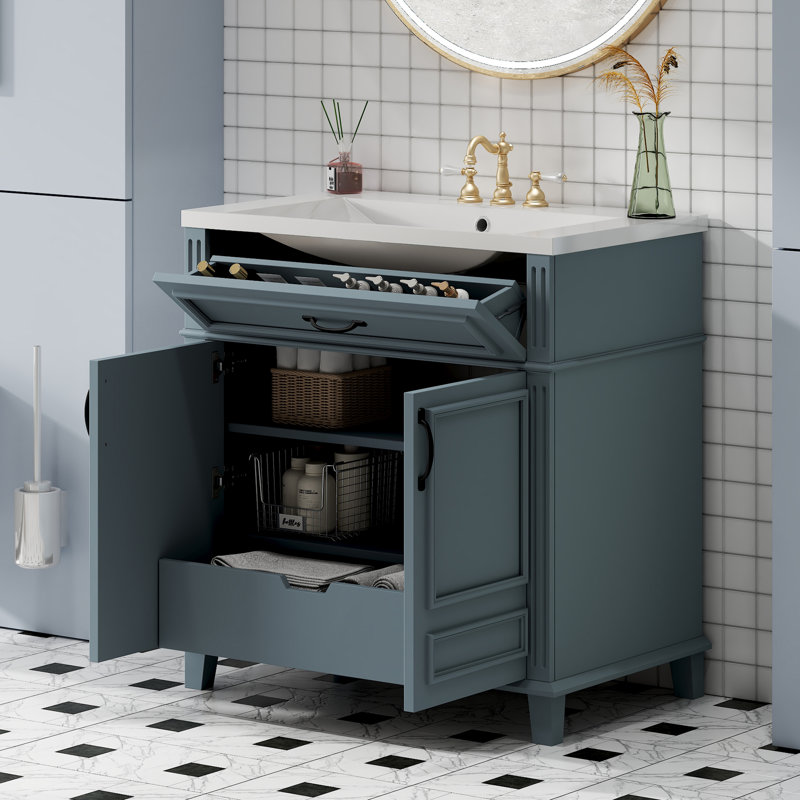 Meuble-lavabo de 30 po avec lavabo en céramique, armoire de rangement en bois massif avec portes à fermeture douce, style rétro, bleu