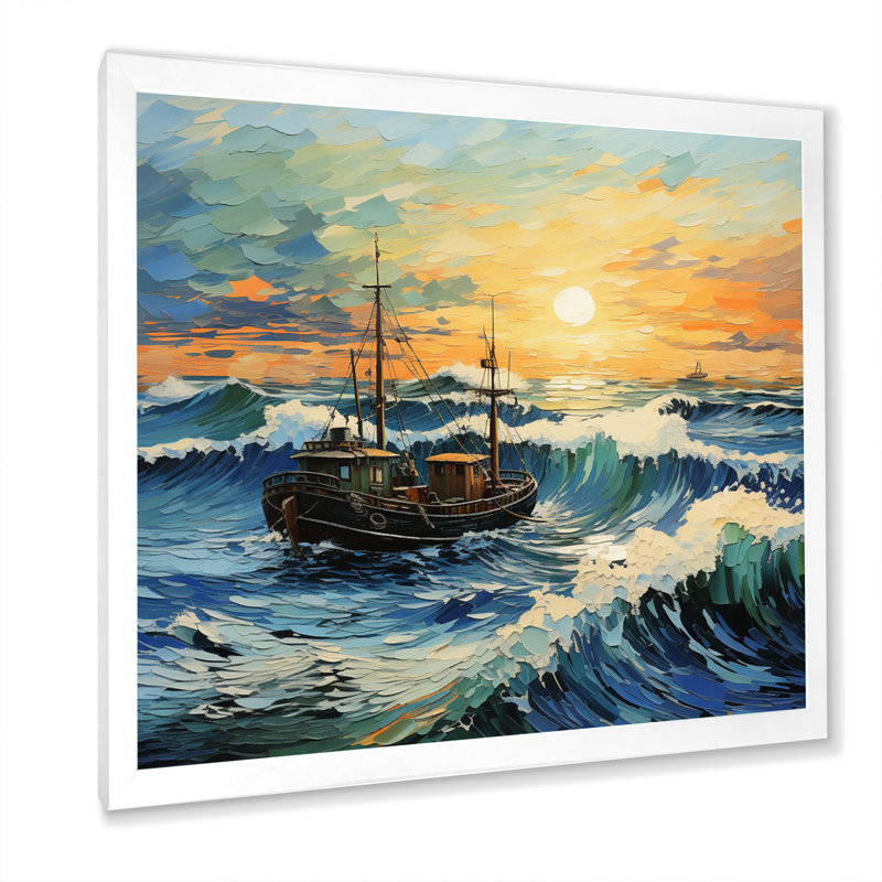 Vangogh paysage marin avec pêche en V, H 24 po x l 24 po x P 1 po, Cadre simple blanc