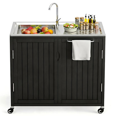 40" Solid Wood Outdoor Kitchen Island with 304 Stainless Steel Sink Top, Faucet, Storage Cabinet and Lockable Wheels