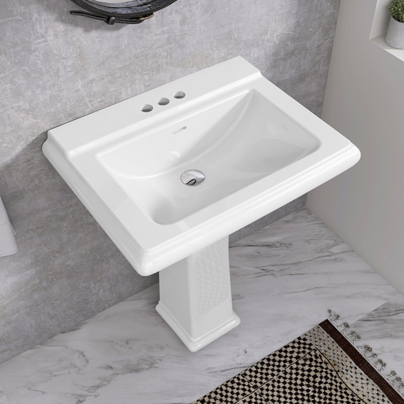 Lavabo de salle de bain à piédestal rectangulaire en céramique avec trop-plein 34,37 po ZEAFIVE