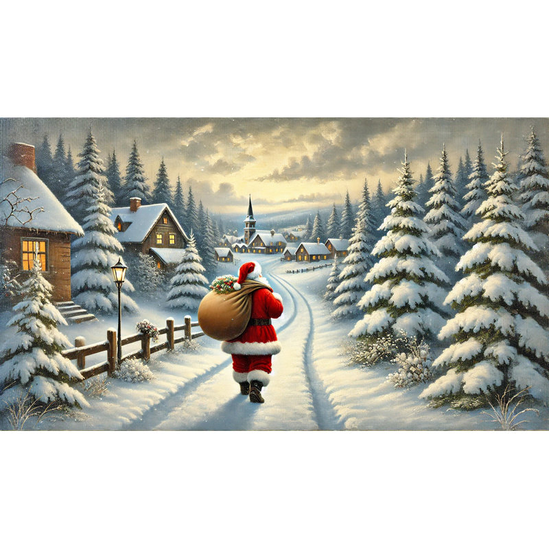 «Santa's Eve Walk: Twilight Snowfall Over Sleepy Village», art sur toile, H 20 po x l 35 po